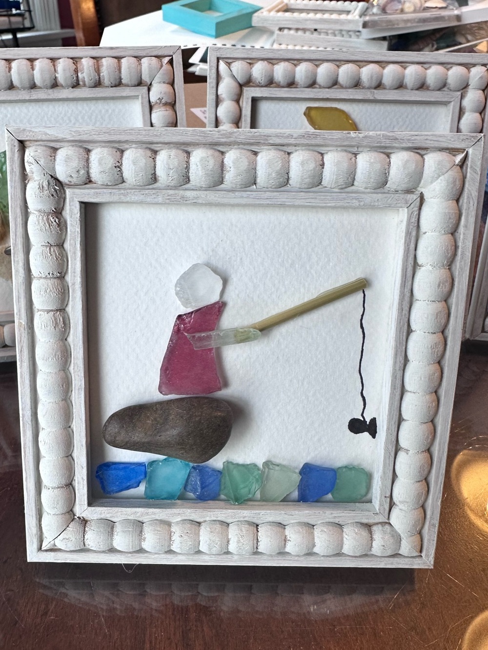 Framed Sea Glass Fisherman Artwork - Blue & Green Accents